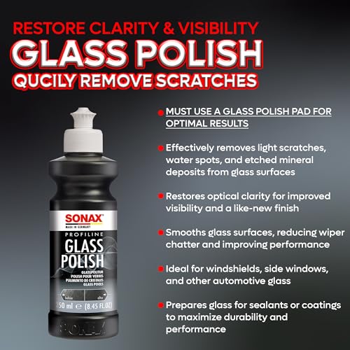 SONAX PROFILINE GlassPolish (250 ml) - removes slight scratches, blinding and etching from car windows made from glass. Silicone free | Item No. 02731410 | For removing slight scratches, blinding and etching from windscreens and side windows made from gla