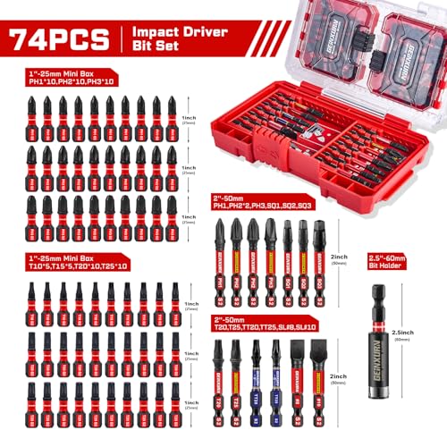 Geinxurn 74Pieces Impact Screwdriver Bits Set, Magnetic S2 Steel Phillips/Slotted/Square/Torx Insert Power Bits Tips, Impact Bit Holder with Red Storage Box Case - style: STKB074-RD