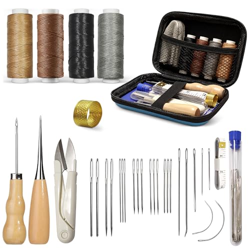Leather Sewing & Upholstery Repair Kit with 2 Awls, Needles & Waxed Thread | for Stitching and Repairing Car Seats, Sofas, Carpets, Shoes and Bags, ideal for Canvas, Tents and DIY Leather Crafts