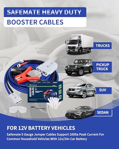 SAFEMATE 0 Gauge 30FT Heavy Duty Jumper Cables for Diesel Trucks, Pickup & SUV – 1000A Booster Cable with Quick Connect Plug, Tangle-Free, Carry Bag – 12V/24V - size: 0 Gauge - 30 Feet