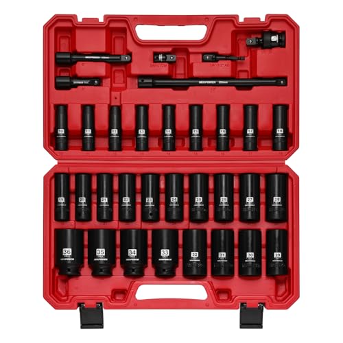 MIXPOWER 33 PCS 1/2” Drive Impact Socket Set, 10 to 36mm Deep Socket, 6-Point Hex Socket with Portable Case,Metric,CR-V&CR-MO Steel - size: 33 PCS(10MM-36MM)