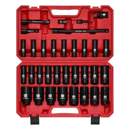 MIXPOWER 33 PCS 1/2” Drive Impact Socket Set, 10 to 36mm Deep Socket, 6-Point Hex Socket with Portable Case,Metric,CR-V&CR-MO Steel - size: 33 PCS(10MM-36MM)
