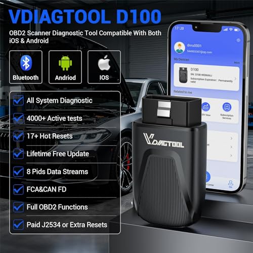 VDIAGTOOL OBD2 Scanner Bluetooth, D100 Bidirectional Scan Tool, No Subscrption Fees, Wireless Code Reader for iOS & Android, Full System Diagnostic Tool with 17 Resets, Live Data, CAN FD, Storage Bag