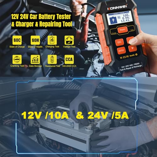 KONNWEI KW520 12V/24V Car Battery Tester, 100–2000 CCA Battery Load Analyzer, Automotive Battery Tester with Cranking, Charging, Alternator & Starter System Test, for Cars, Trucks, SUVs, Motorcycles