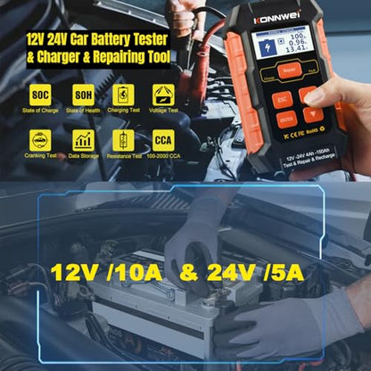 KONNWEI KW520 12V/24V Car Battery Tester, 100–2000 CCA Battery Load Analyzer, Automotive Battery Tester with Cranking, Charging, Alternator & Starter System Test, for Cars, Trucks, SUVs, Motorcycles