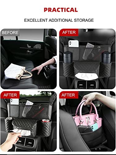 Car Handbag Holder Between Seats with Multi-Pocket Large Capacity Storage Bag, Pet Kids Barrier, Driver Storage Pouch for Handbag Cup - color: Black with Tissue Box