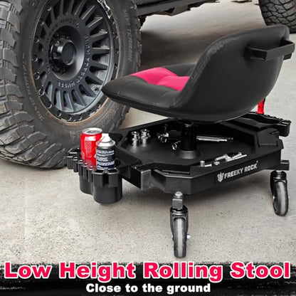 Rolling Stool with Wheels, Adjustable Height Pneumatic Garage Work Mechanic Stool Seat with Backrest, 400 LBS Capacity 360° Swivel Mechanic Crepper Chair with Tool Tray Storage, Pink - color: Pink