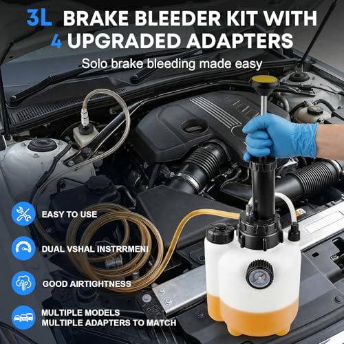 3L Brake Fluid Bleeder Kit with 1L Catch Bottle, Manual Pressure Brake Bleeder Tool One Person Brake Bleeding Kit with 4 Master Cylinder Adapters for Brake and Clutch System Flush