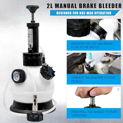 SMOTIVEPRO 2L Manual Brake Bleeder Fluid Pump, One Man Professional Brake Bleeder Kit Suitable for Most European Brake Mast Cylinder Reservoirs - size: with 45MM adapter(for most European models)