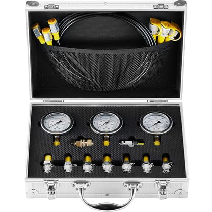 Hydraulic Pressure Test Kit, 250/400/600bar, 3 Gauges 9 Test Couplings 3 Test Hoses, Excavator Hydraulic Test Gauge Set with Portable Carrying Case for Excavator Tractors Construction Machinery | Excavator Hydraulic Test Gauge Set with Portable Carrying C