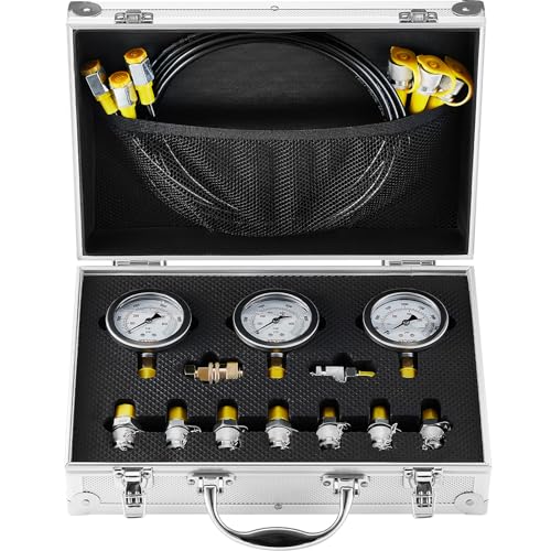 Hydraulic Pressure Test Kit, 250/400/600bar, 3 Gauges 9 Test Couplings 3 Test Hoses, Excavator Hydraulic Test Gauge Set with Portable Carrying Case for Excavator Tractors Construction Machinery | Excavator Hydraulic Test Gauge Set with Portable Carrying C