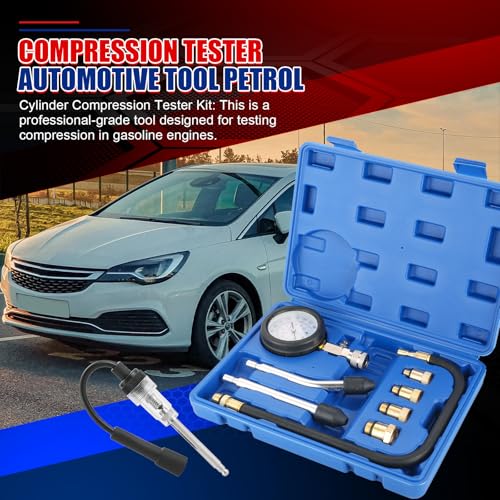 NYXOVA Petrol Engine Cylinder Compression Tester Kit and Spark Plug Tester Tool, Universal Compression Gauge, 9-Piece Automobile Compression Tester Kit (Blue)