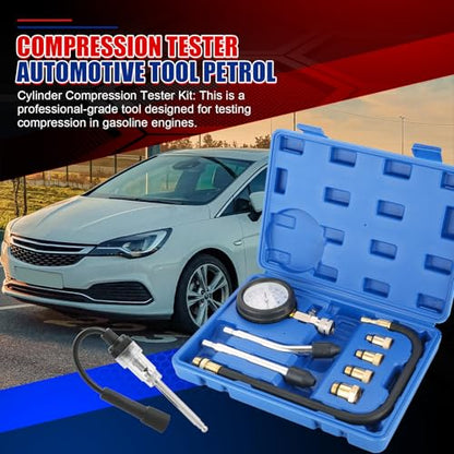 NYXOVA Petrol Engine Cylinder Compression Tester Kit and Spark Plug Tester Tool, Universal Compression Gauge, 9-Piece Automobile Compression Tester Kit (Blue)