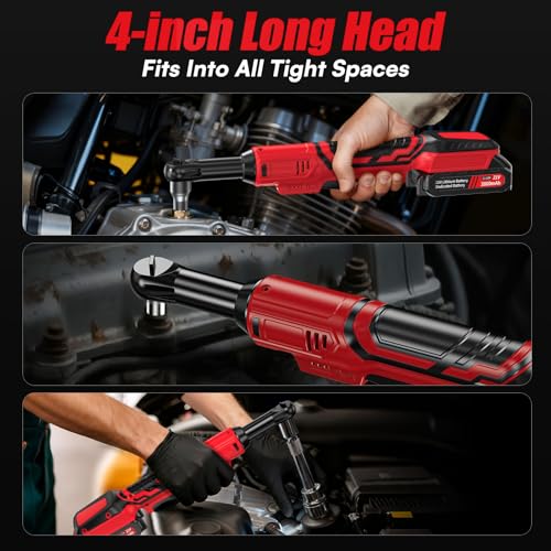 3/8 Cordless Ratchet Wrench Set, 60FT-LBS Extended Electric Ratchet with 400RPM Variable Speed, 21v Power Ratchet with 2x2.0Ah Battery, 7 Sockets, 1/4 Adaptor, 3"Extension Bar