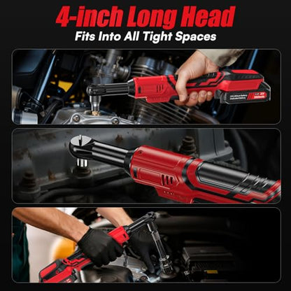 3/8 Cordless Ratchet Wrench Set, 60FT-LBS Extended Electric Ratchet with 400RPM Variable Speed, 21v Power Ratchet with 2x2.0Ah Battery, 7 Sockets, 1/4 Adaptor, 3"Extension Bar