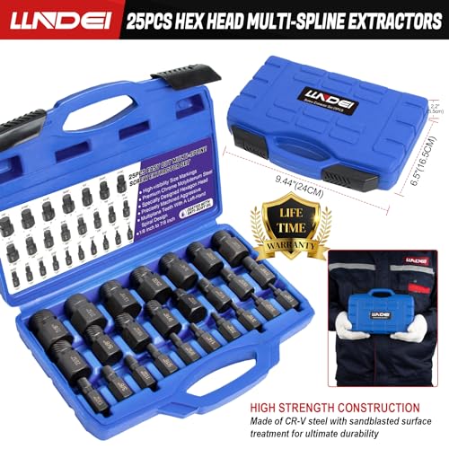 LLNDEI Screw Extractor Set Hex Head Multi-Spline Easy Out Bolt Extractor Set, EZ Out Rounded Screw Remover, 1/8 Inch to 7/8 Inch in 1/32-Inch Increments, CR-MO, 25 Pieces, Stripped Fastener Tool - size: Screw Extractor Set -25pcs