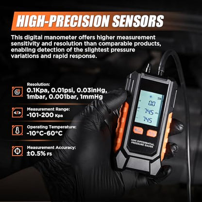 Digital Manometer -101~200kPa Manometer Gas Pressure Tester, Data Zero & Calibration Mini HVAC Gas Pressure Tester with Backlight LCD Display & Data Hold, 6 Units, 7 Adapters