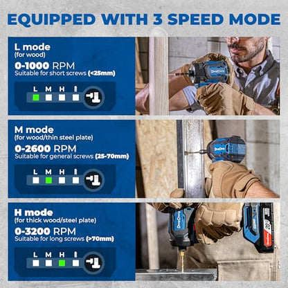 Dong Cheng 20V 4.2" Compact Impact Driver, 1840in-lbs Torque, with 2 x 2.0Ah Batteries, 1/4" Hex Chuck, 3200RPM, 4300IPM, Brushless Impact Driver for Cabinetry, Deck Building & HVAC Installation - style: 1840in-lbs, 2x Battery, Upgrade