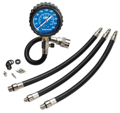 OTC 5604 Motorcycle Compression Tester Kit - Ideal for Testing Motorcycle and Small Engines; Includes Specially Designed Compression Gauge and Hose Assembly, 3 Hose Adapters, and Storage Case