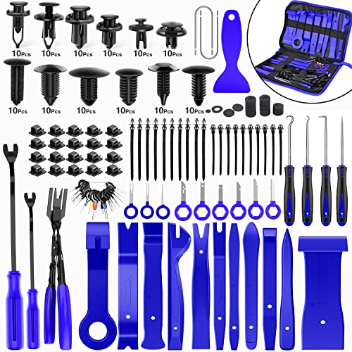 Nilight 238Pcs Trim Removal Tool, Auto Push Pin Bumper Retainer Clip Set Fastener Terminal Remover Tool Adhesive Cable Clips Kit Car Panel Radio Removal Auto Clip Pliers - color: 238 Clips+ Remover Tools Blue