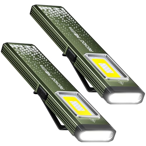 RECHOO Flat EDC Flashlight Rechargeable, 8-Mode Slim Pocket Flashlight with Magnetic Base & Clip, Lightweight Mini Rechargeable Flashlights for Everyday Carry, Working, Camping, Car Repair & Emergency - color: Green, size: 2 Pack