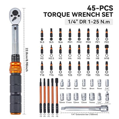 Bike Torque Wrench Set, 1-25 Nm, 45-Piece Kit with 1/4" Drive Click Ratchet Wrench and Bits
