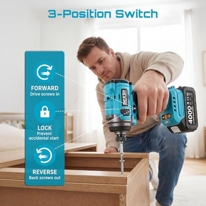 SEESII 21V Max Cordless Drill and Impact Driver, Power Tool Combo Kit Included 3/8'' Drill & 1/4'' Impact Driver, 2x 4000mAh Battery, Fast Charger, 20 pcs Driver Bit Set & Bag - color: Blue 21