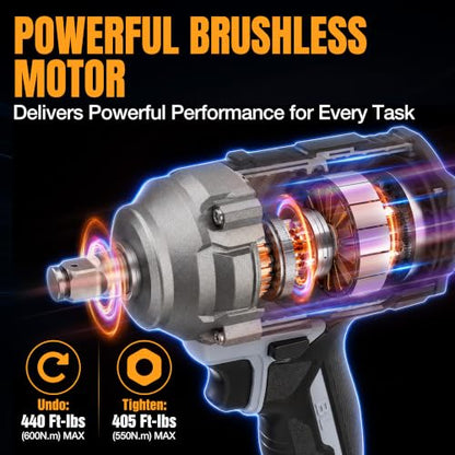WORKPROX 20V Cordless Impact Wrench Brushless, 440 Ft-Ibs 1/2 Impact Gun | 600N.m High Torque Electric Impact Driver for Car Tire Change, Mower, Pickup & Home Repair, 3 Speeds, LED, 4 Sockets