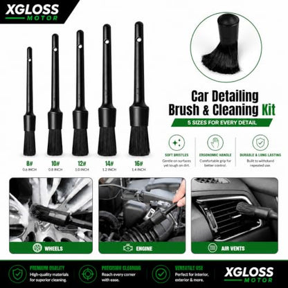 XGloss Motor™ 19-Piece Car Detailing Brush & Cleaning Kit – Drill Brush Set, Detail Brushes, Wheel Brushes, Wash Mitt, Towel, Vent & Dusting Brushes, Applicator Pad & Storage Bag