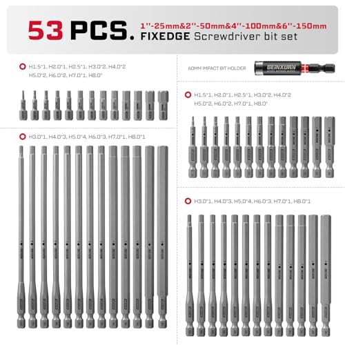 Geinxurn 53Pieces Fixedge Screwdriver Bit Set,1"/2"/4"/6" Mixed Hex Magnetic Alloy Steel Insert Power Bits Tips with Impact Bit Holder Stored in Storage Organizer for Home Repair