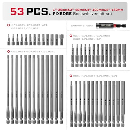 Geinxurn 53Pieces Fixedge Screwdriver Bit Set,1"/2"/4"/6" Mixed Hex Magnetic Alloy Steel Insert Power Bits Tips with Impact Bit Holder Stored in Storage Organizer for Home Repair