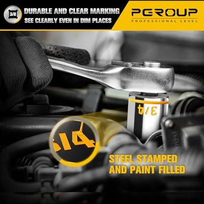10 PCS 3/8-Inch Drive Shallow Socket Set, Standard SAE, 5/16"- 7/8", 6 Point, Embossed and Painted Marking, Mirror Chrome Finish,Cr-V Steel With Rail - size: SAE (5/16"-7/8")
