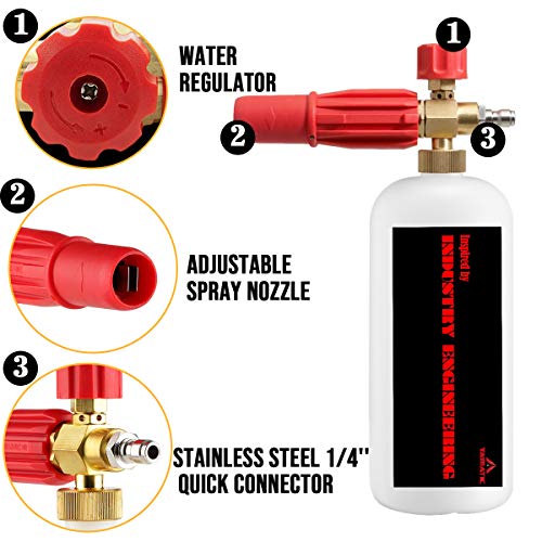 YAMATIC Heavy Duty Foam Cannon Professional Car Wash Pressure Washer Jet Wash 1/4" Quick Connect Adjustable Snow Foam Lance with 5 Nozzle Tips