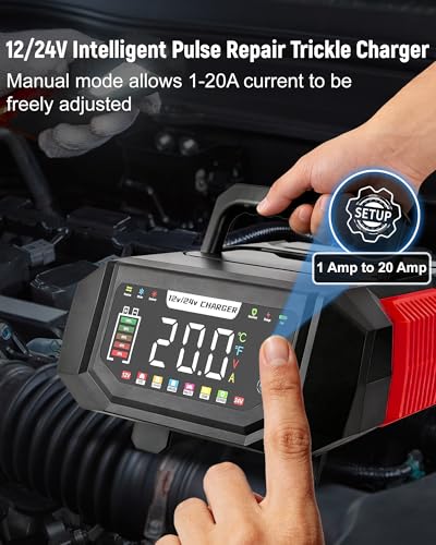 1-20A Smart Battery Charger, 12V/24V Automatic Automotive Battery Maintainer & Desulfator with Temperature Compensation, Adjustable Amp Trickle Charger for Lead-Acid, AGM, Gel, LiFePO4 - color: Red