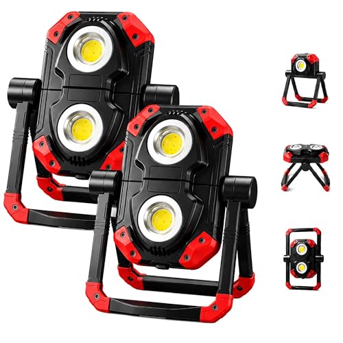 YZONI 2 Pack LED Work Light Rechargeable, 2500LM USB-C Magnetic COB Flood Light with 360° Stand, Portable Shop Light for Mechanics, Garage, Auto Repair, Camping & Emergency - color: Red