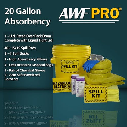 AWF PRO 20 Gallon Battery Acid Spill Kit, 59 Pieces | Includes DOT Approved 20 Gallon Drum, Sorbent Socks, Pads, & Pillows, & Accessories - size: Battery Acid Spill Kit
