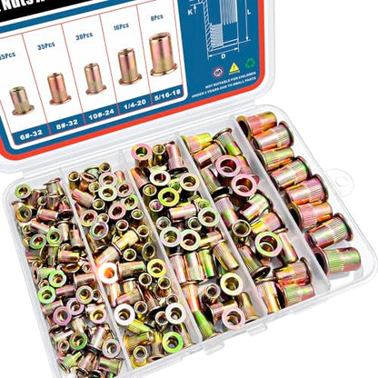124Pcs SAE UNC Rivet Nut Assortment Kit, Zinc Plated Carbon Steel Rivnut Threaded Inserts Assortment Set Nutserts, Sizes 6-32 8-32 10-24 1/4"-20 5/16"-18 - size: SAE Kit - 124 Pcs