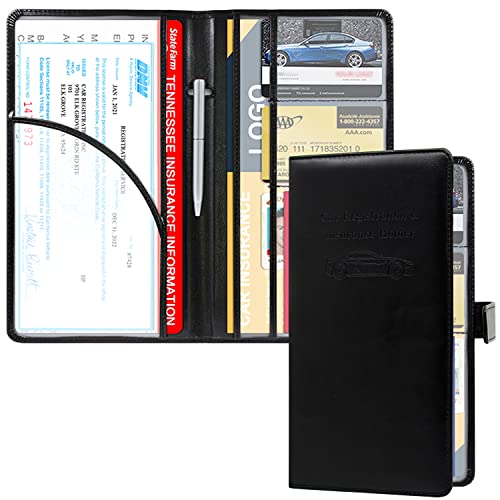 RSAquar Car Registration and Insurance Holder, Leather Car Glove Box Organizer, Cool Car Accessories for ID, Driver's License Cards & Essential Document, Men&Women, Black - color: Black