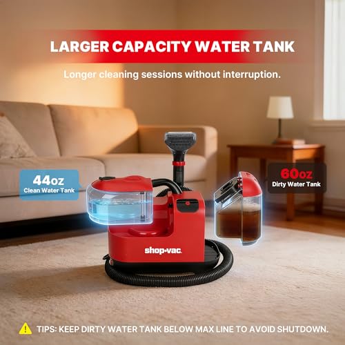 Shop-Vac Portable Carpet Cleaner Machine with Steam & Heating, 5430225 | Cleaning Solution Included, 3 Modes, Deep Stain Removal with Self-Cleaning Tool, for Car, Furniture, Stair & Fabric Cleaning