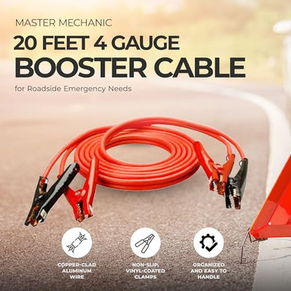 Master Mechanic 20 Feet 4 Gauge Booster Cable with Jump Start Connectors and Cable Clamps for Roadside Emergency Needs, Cars, and Vehicles, Red
