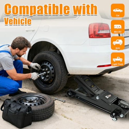 2.5 Ton (5,000 LB) Heavy Duty Floor Jack, Aluminum and Steel Low Profile Hydraulic Car Jack with The Piston Quick Lift Pump，3.5"-13.95" Lifting Range，Black