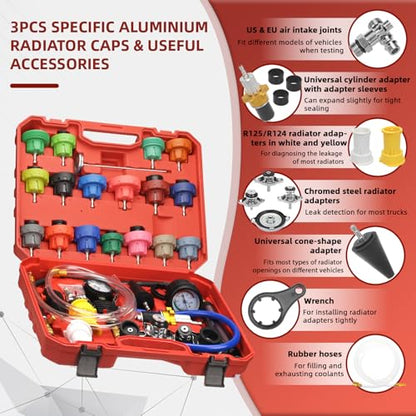 34pcs Coolant Vacuum Refill Kit with 25 Radiator Adapters, Coolant Pressure Tester Kit, Radiator Cooling System Pressure and Vacuum Purge Refill Tool