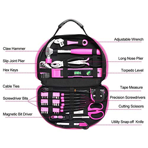 89 Piece Pink Tool kit, Ladies Hand Tool Set with Easy Carrying Round Pouch Household Tool Kit Perfect for DIY, Home Maintenance and Dorm Repair | Compact & Portable, Perfect for DIY & Home Repair, Includes Round Storage Pouch