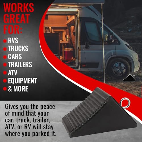 AFA Tooling 4T Rubber Wheel Chocks, 4 Pack, Two Pairs & Tie-Off Eyebolts | Four pieces cover separate parking spots without repositioning, saving time for multi-axle RVs, trailers and work vehicles - color: 4 Pack Large w/Eyebolt