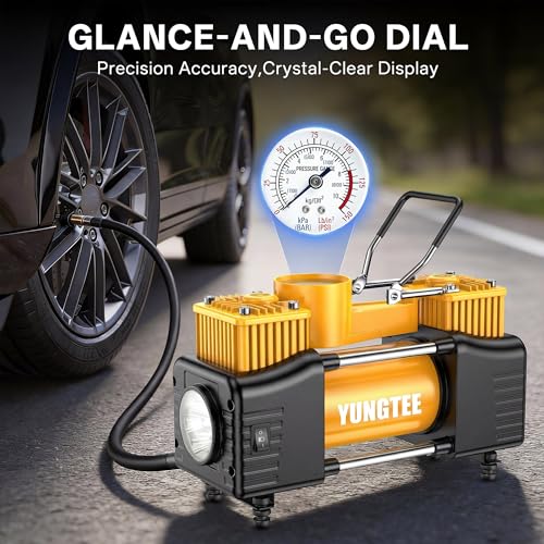 YUNGTEE Yellow Tire Inflator Heavy Duty Double Cylinders Direct Drive Inflation Pump,12V Portable Air Compressor Pump with Emergency LED Light - 150PSI Tire Pump,Apply to Car,Suv,RV - color: Yellow