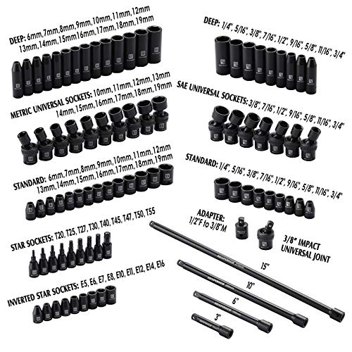 MIXPOWER 3/8'' Drive Master Impact Socket Set, 87-Piece Deep & Standard SAE and Metric,CR-MO, 1/4-Inch to 3/4-Inch and 6-19 mm, Impact Universal Sockets, Inverted Star Sockets, Extension Bar & Adapter - size: 3/8" Drive