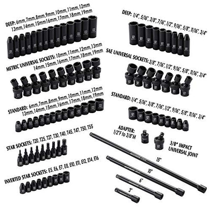 MIXPOWER 3/8'' Drive Master Impact Socket Set, 87-Piece Deep & Standard SAE and Metric,CR-MO, 1/4-Inch to 3/4-Inch and 6-19 mm, Impact Universal Sockets, Inverted Star Sockets, Extension Bar & Adapter - size: 3/8" Drive