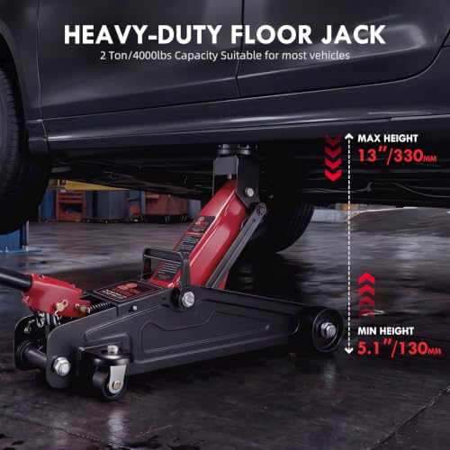 2 Ton Hydraulic Floor Jack: Portable Car Jack for Roadside Emergency, Low Profile 5.1" to 13" Lift, Heavy Duty Steel Trolley Jack for Cars Sedans & Small SUVs, Tire Change Jack, 4000 lb Capacity - size: 2 Ton