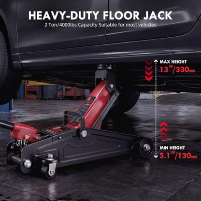 2 Ton Hydraulic Floor Jack: Portable Car Jack for Roadside Emergency, Low Profile 5.1" to 13" Lift, Heavy Duty Steel Trolley Jack for Cars Sedans & Small SUVs, Tire Change Jack, 4000 lb Capacity - size: 2 Ton
