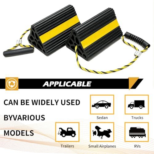 Vacallity Solid Rubber Wheel Chock for Travel Trailers Camper RV Truck Car, Sturdiness Heavy Duty Simple Easy to use, Tires Chock Block Stopper with Nylon Rope Yellow Reflective Tape - size: 8.2" 1pair